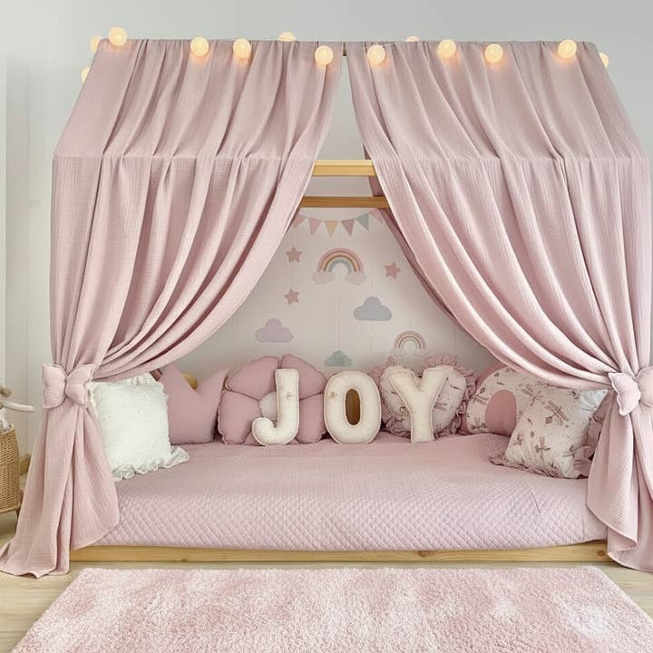 Dusty Rose Muslin Bed Canopy for Kids Room – Montessori Playhouse & Reading Nook Canopy for wholesale by Velvet White