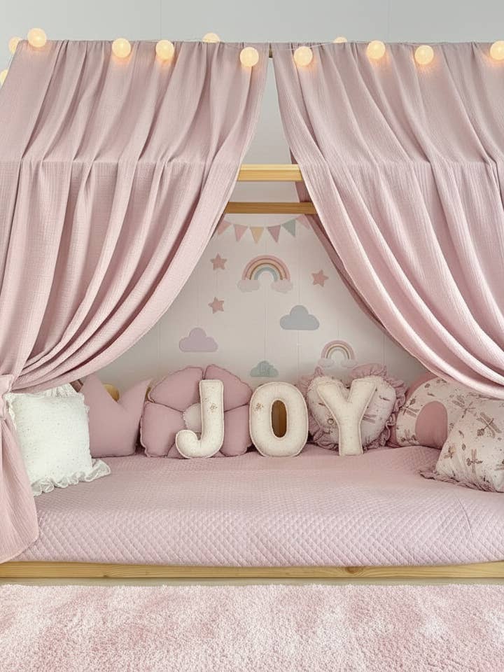 Dusty Rose Muslin Bed Canopy for Kids Room – Montessori Playhouse & Reading Nook Canopy for wholesale by Velvet White