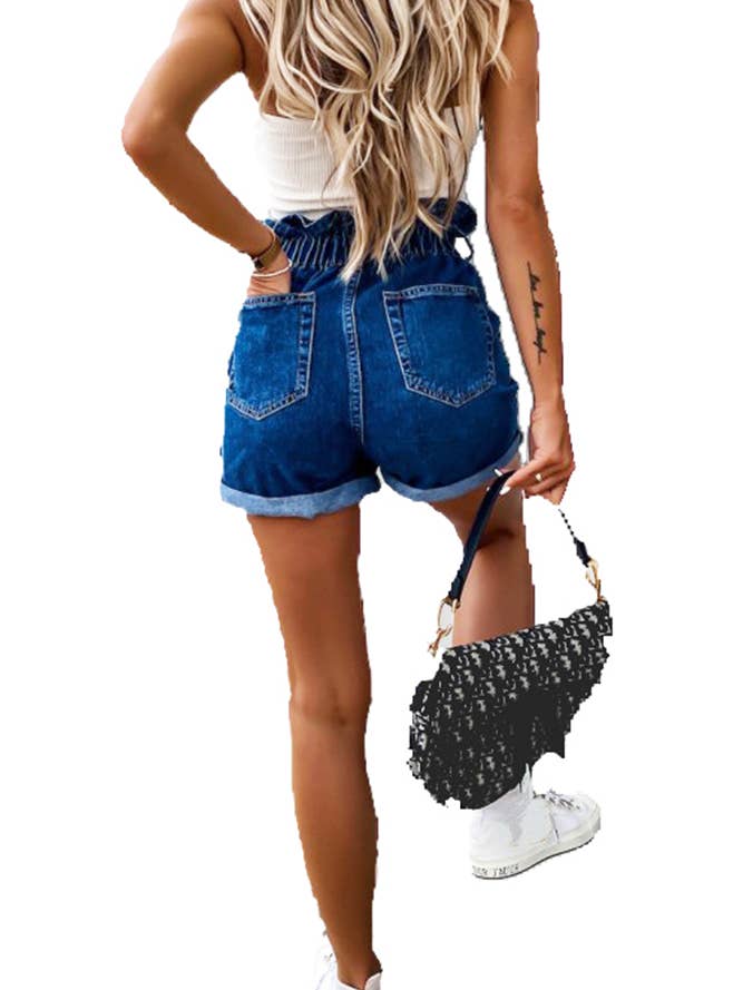 UNISHE - Wholesale Shorts - Women's - High Waist Elasticated Ruffled Denim Shorts XXL30042