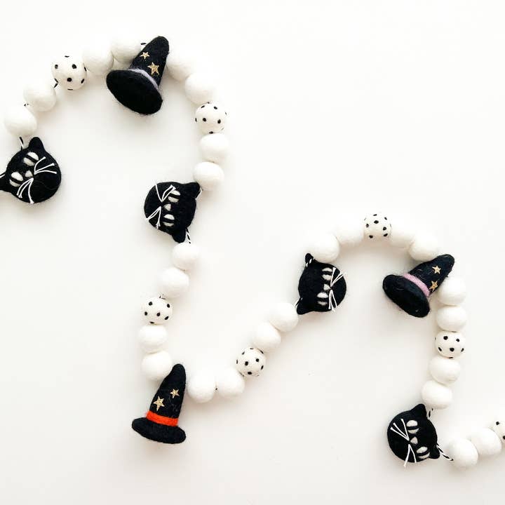 Black Cats & Witches Hats Felt Ball Garland for wholesale by Pearl & Jane