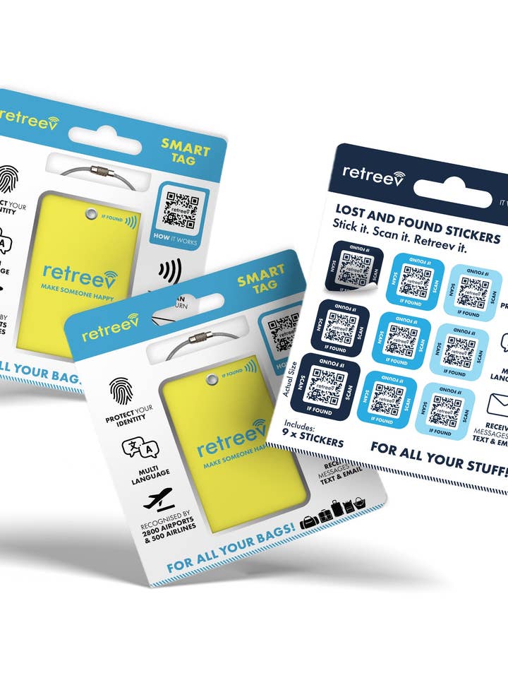 Yellow Combo Pack - 2 x Yellow Originals Retreev Smart Tags & 9 x Smart Stickers for wholesale by Retreev Limited