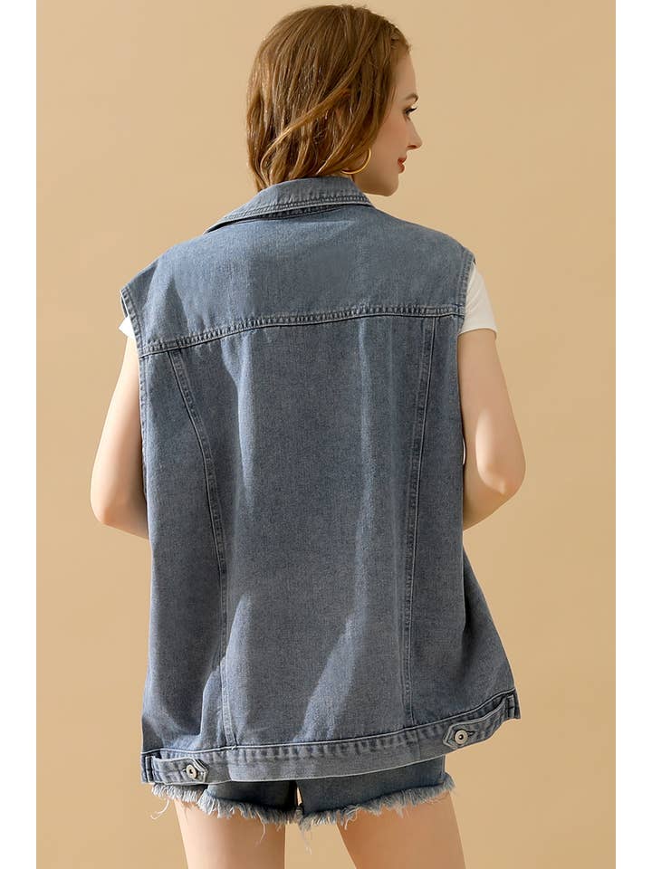 NINEXIS - Wholesale Outerwear Vest - Women's - CWJV0008-B_VINTAGE BUCKELE POCKET COLLAR DENIM VEST