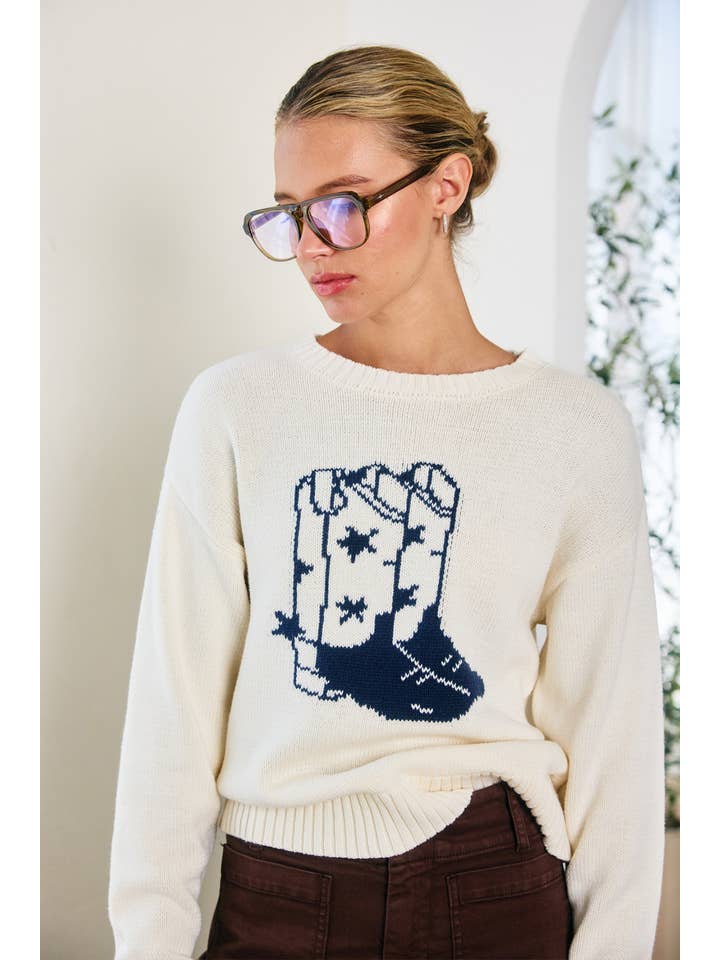 CREAM Western Boot Motif Sweater - RSW1091 for wholesale on Faire