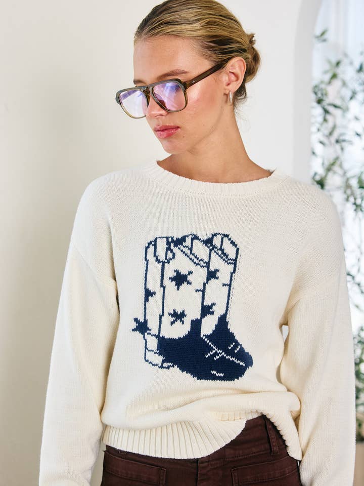 CREAM Western Boot Motif Sweater - RSW1091 for wholesale on Faire