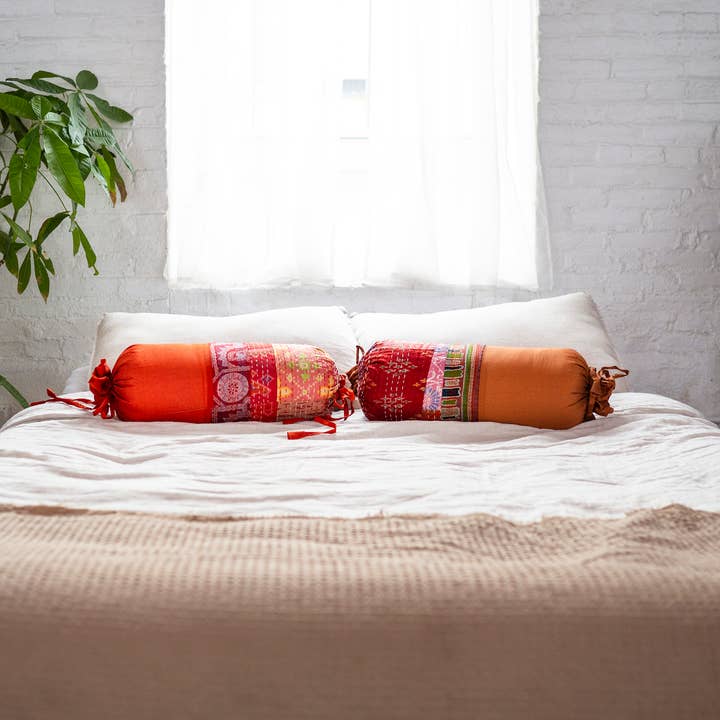 Colors By Padmini - Wholesale Throw/Decorative Pillow - Vintage Silk Kantha Bolster Pillow-Hand-Stitched Indian Sari