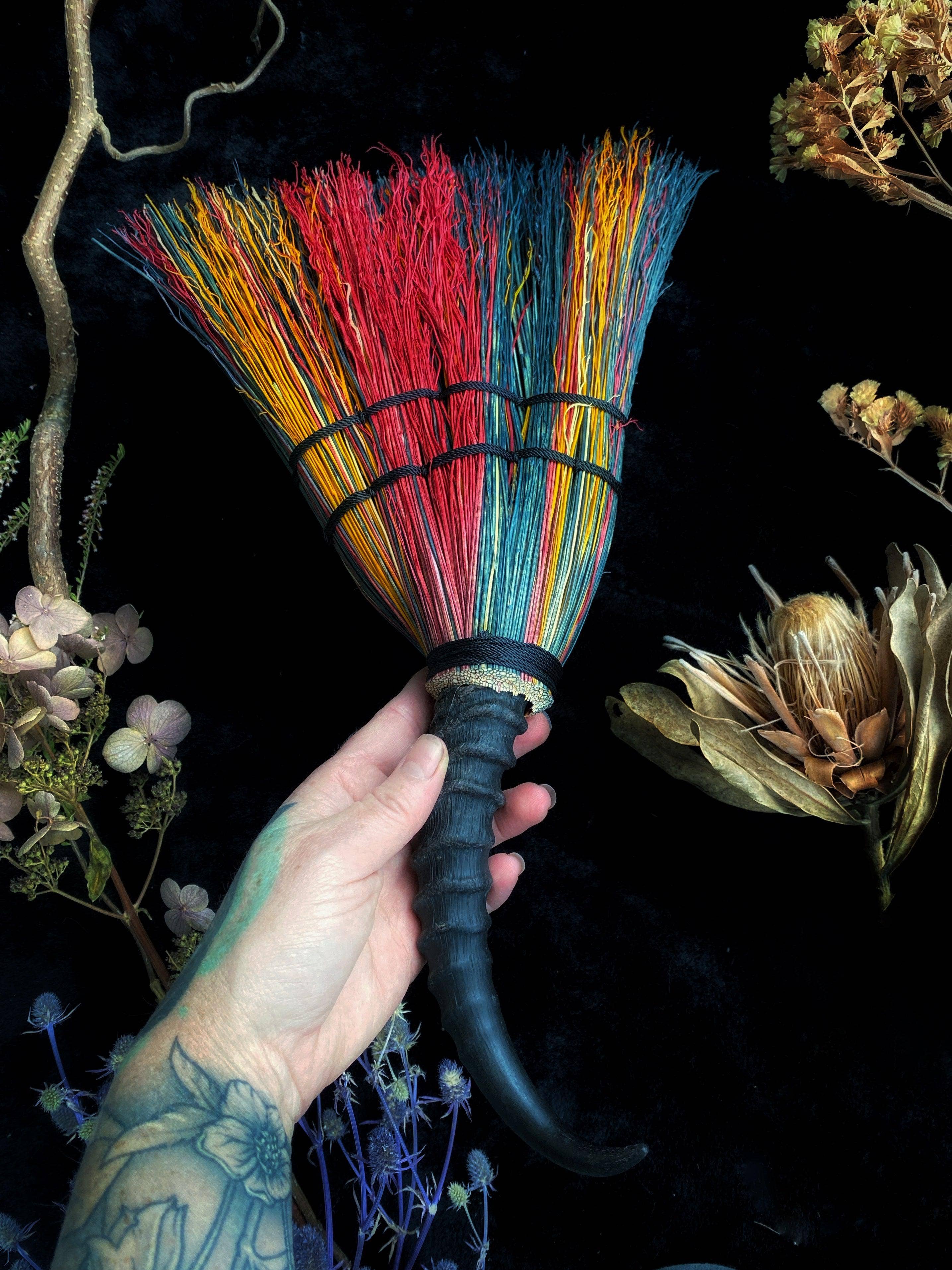 Keven Craft Rituals LLC - Wholesale Meditation Supplies - Troll’s Altar Broom - w/ Talisman Springbok Horn Handle1