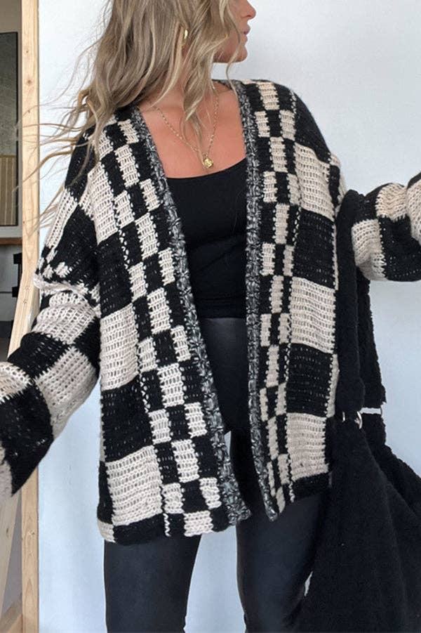 Rosa Clothing - Wholesale Cardigan - Women's - rizz boxy checkerboard knit Cardigan7