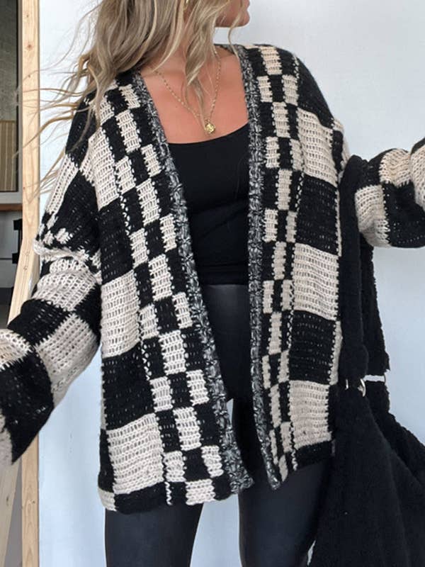 Rosa Clothing - Wholesale Cardigan - Women's - rizz boxy checkerboard knit Cardigan7