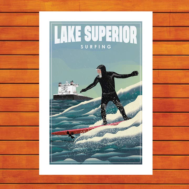 Lake Superior Surfing Retro Travel Prints for wholesale by Bemused Creative