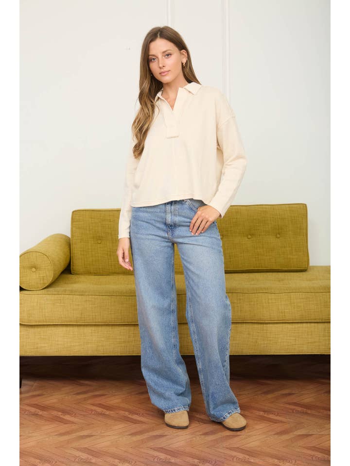 J.O.A - Wholesale Knit Top - Women's - EXPOSED SEAM LONG SLEEVE TEXTURED KNIT POLO28