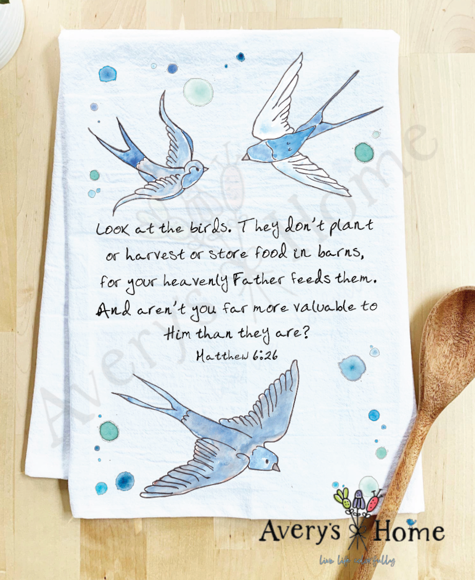 Avery's Home - Wholesale Tea Towel - Our Lord feeds the Birds Bible Verse Hopeful Tea Towel0