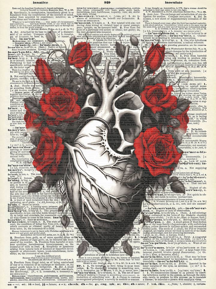Heart, Gothic themed, floral, rose, Vintage Dictionary Print for wholesale by Crazilyhumbledesigns