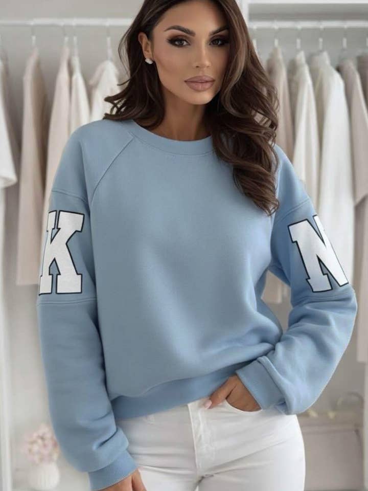 Amber ‘RKNE’ Oversized Raglan Letter Sleeve Sweatshirt Top-Blue for wholesale by Catwalk Wholesale