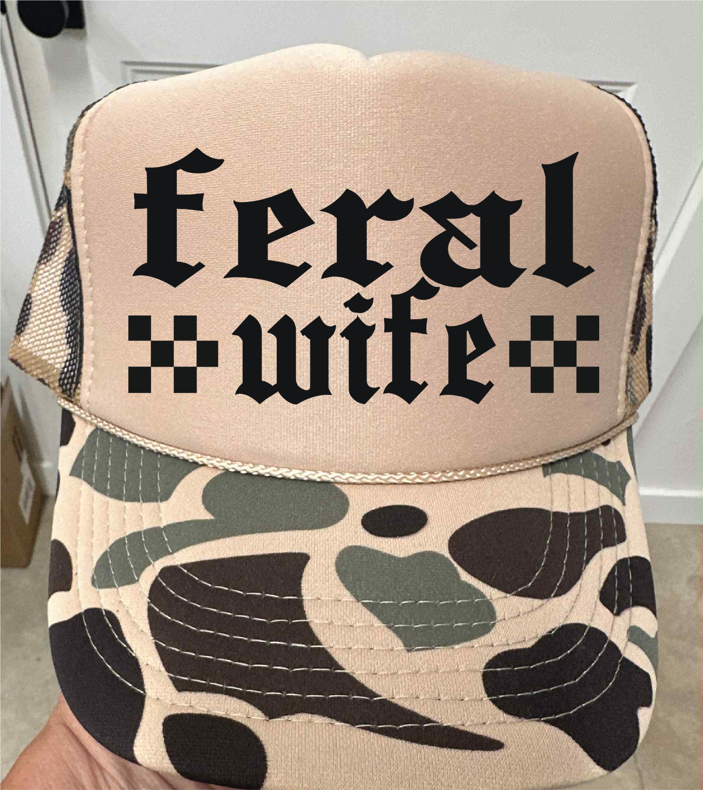 Southern Attitude Designs Inc – wholesale Trucker hat – Women’s – Feral Wife DTF Printed Duck Camo and Tan Trucker Hat0