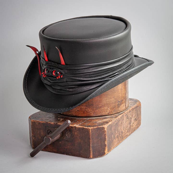 Black Genuine Leather Top Hat - Style Marlow Lil Evil Hat Band for wholesale on Faire3