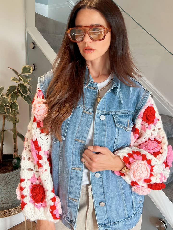 Handknit Floral Patten Sleeves Denim Jacket in Pink for wholesale by CY FASHION. LONDON
