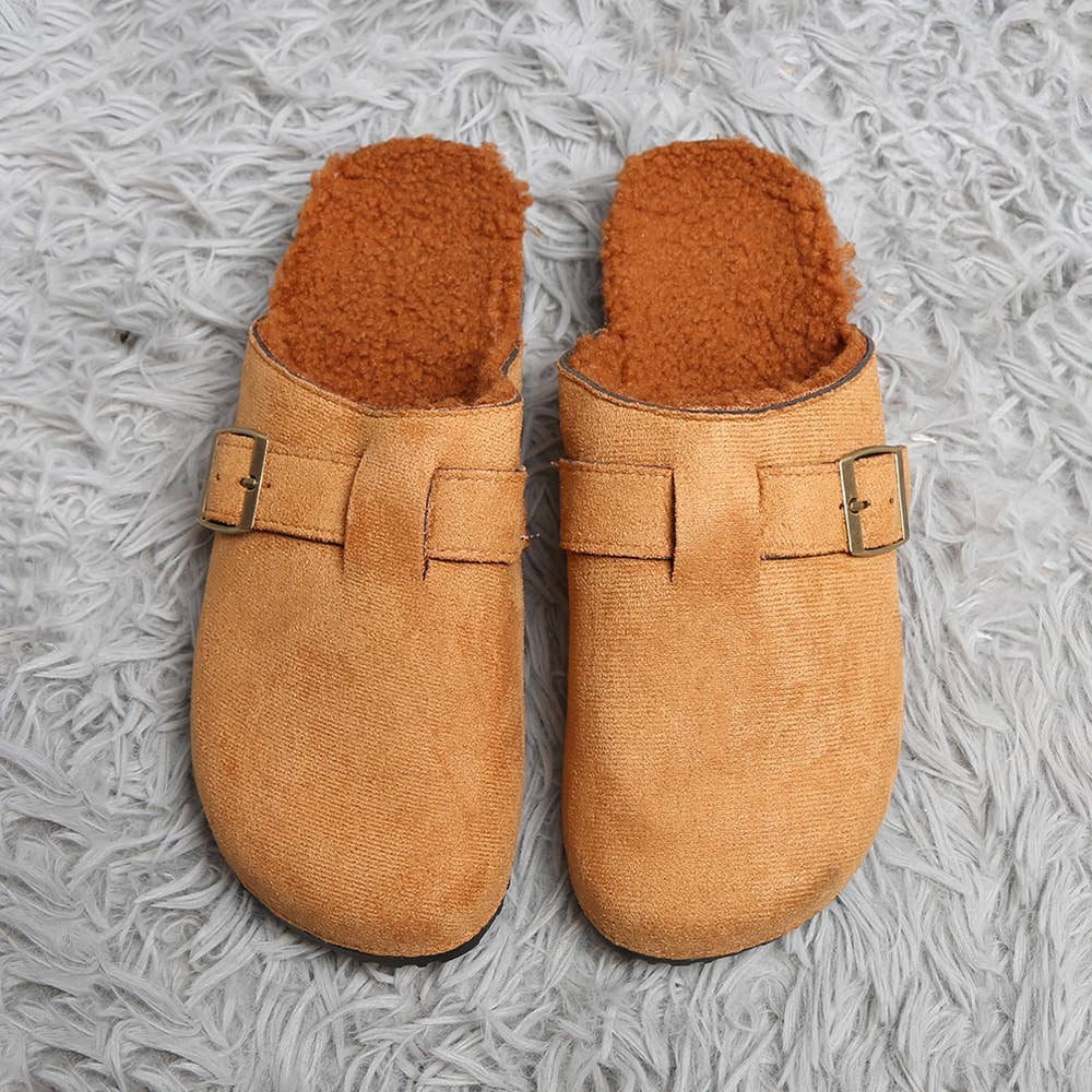 Sensibling Corp. - Vente Chaussons – femme - Mules Sabots en Suédine à Boucle en Fausse Fourrure Solide9