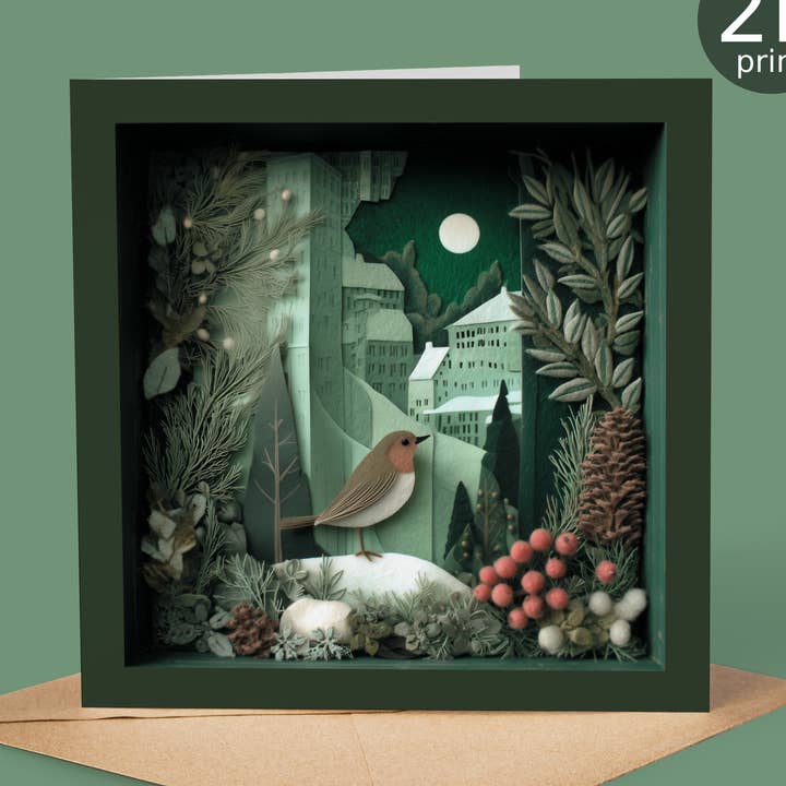 Robin in Christmas Landscape 2D Print Shadow Box Card for wholesale by Good Post Day