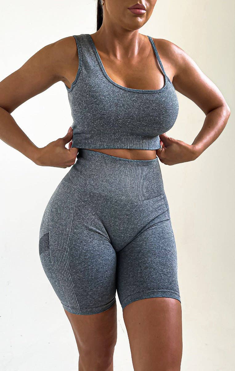 Femme Luxe – wholesale Activewear set – Women′s – Grey Fitted Bralette And Shorts Activewear Set - Gaia4