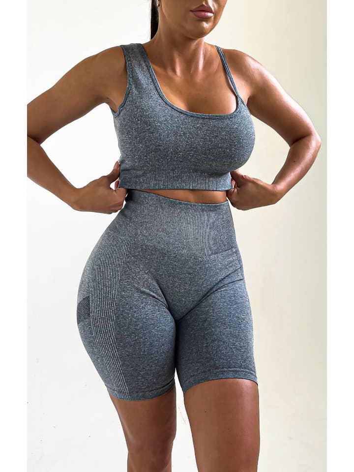 Femme Luxe – wholesale Activewear set – Women′s – Grey Fitted Bralette And Shorts Activewear Set - Gaia4