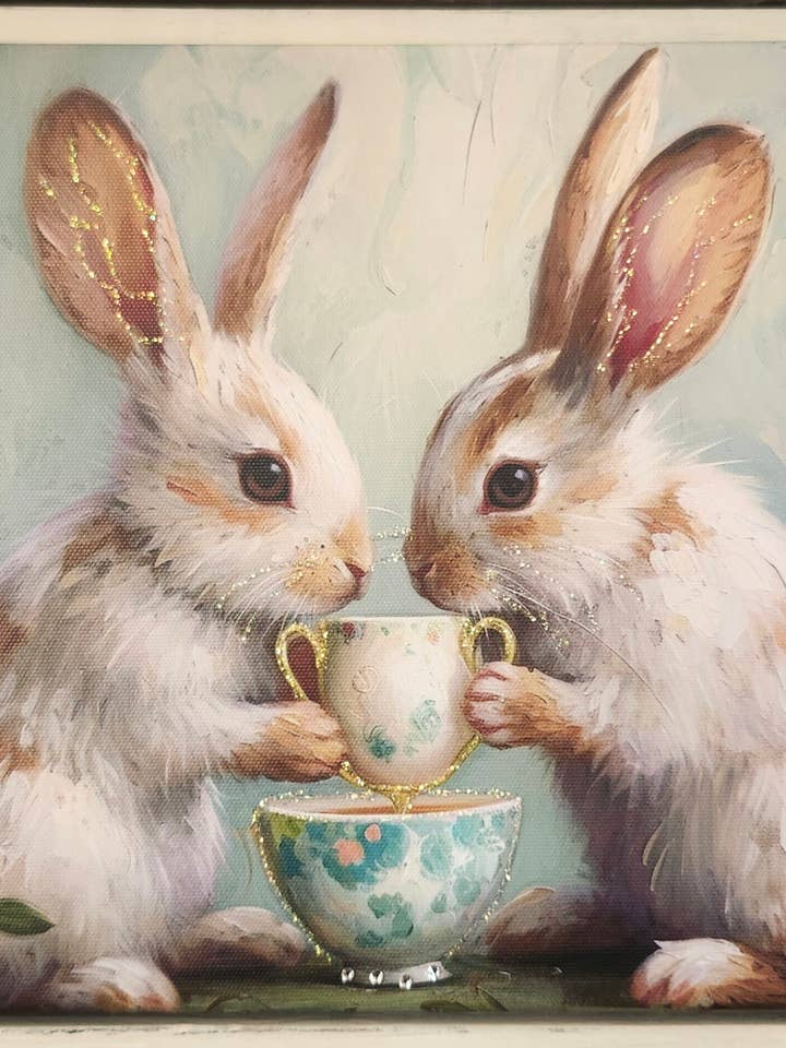 Canvas Wall Art Two Bunnies n Tea Rhinestones Glitter for wholesale by Little Heart Designs