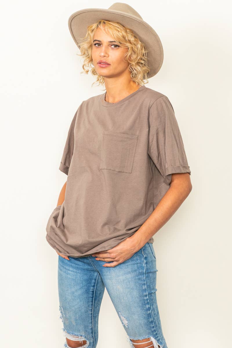 Elloh Collection – wholesale T-shirt – women's – Round Neck Boyfriend Fit Cotton T-Shirt with Front Pocket7
