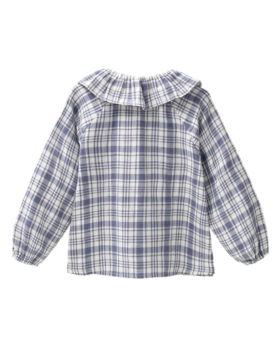 Blauw Blauw geruit overhemd met ruches voor meisjes voor groothandel op Faire1