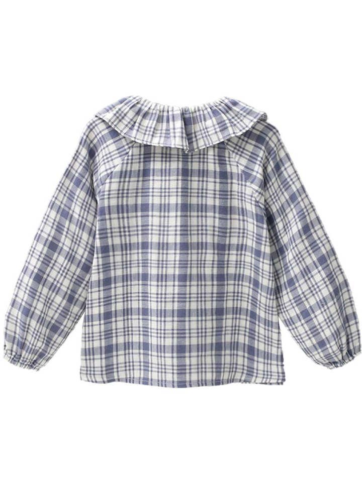 Blauw Blauw geruit overhemd met ruches voor meisjes voor groothandel op Faire1