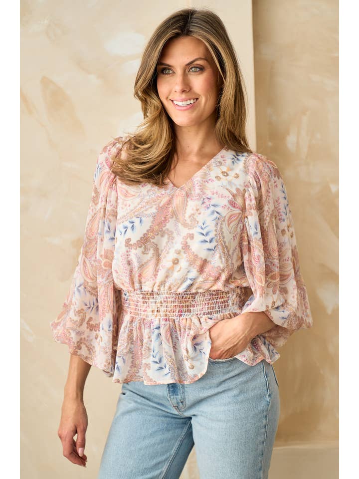 Ivory Plus dramatic bubble three quarter sleeve peplum top-PIT6615 for wholesale on Faire