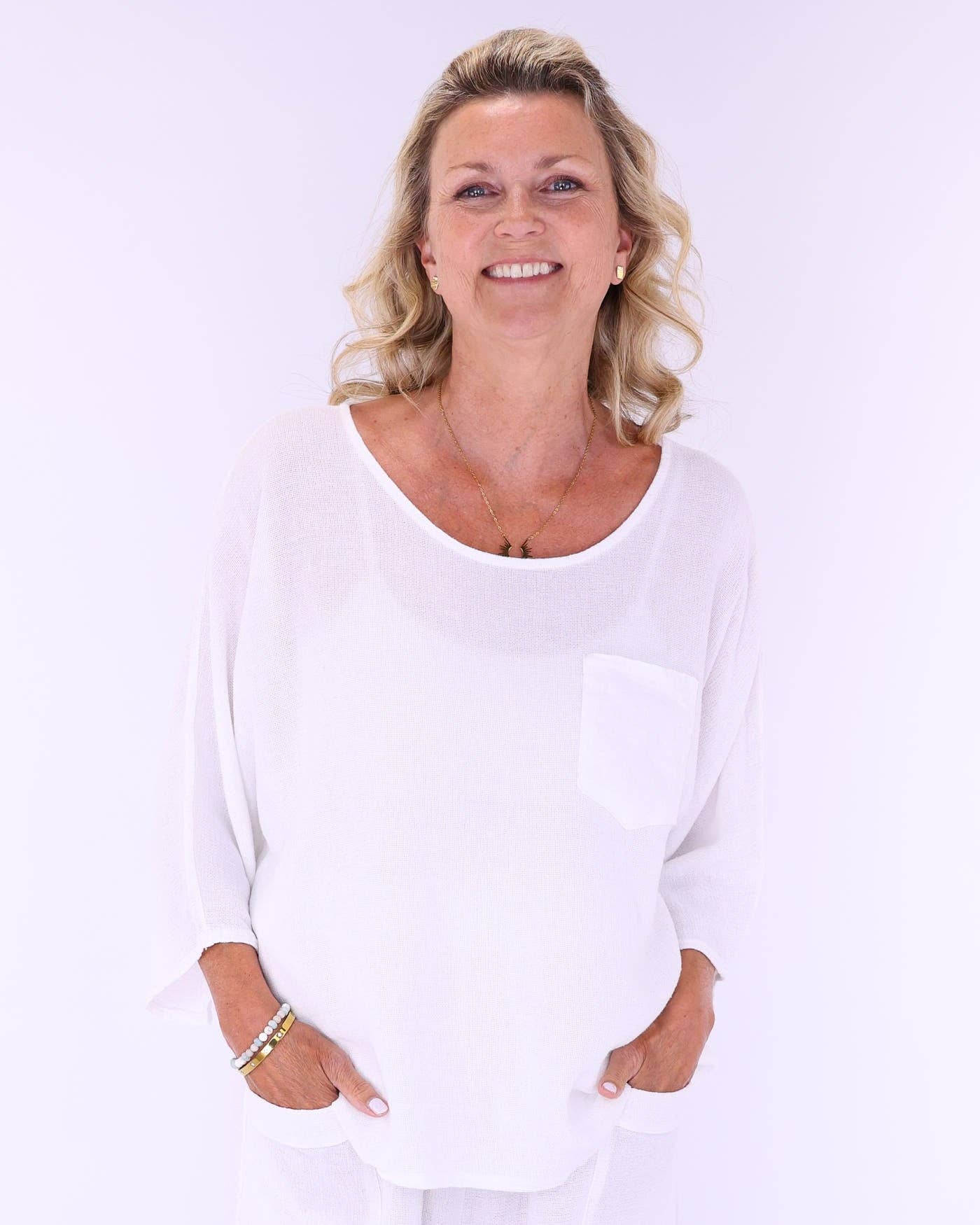 Cadenza Italy Ltd - Vente Tunique – femme - Haut à poche en mélange de lin et coton1