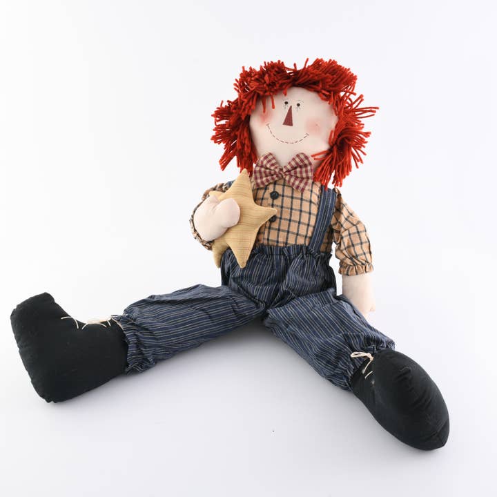 Fabric Raggedy Andy Doll with Red Woolen Hair,Plaid Shirt and Overall with Matching Hat and Tan Fabric Star - 24" Tall for wholesale by Birch Maison