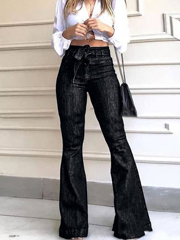 UZ Wholesale Store - Wholesale Jeans - Women's - Flared Pants High Waisted Solid Color Tied Waist Jean Pants Bottoms