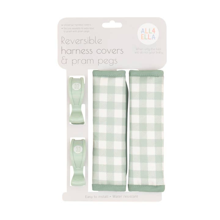 All4Ella – wholesale Pram cover/accessory – Reversible Harness Covers & Pram Pegs - Gingham Sage