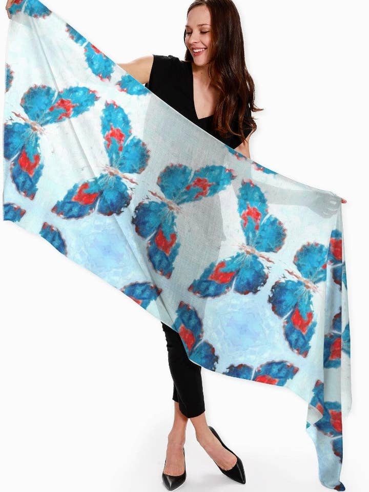 Bufanda de seda de cachemir «Butterflies Turquoise» para venta al por mayor de Lady Barbara Pinson Artist