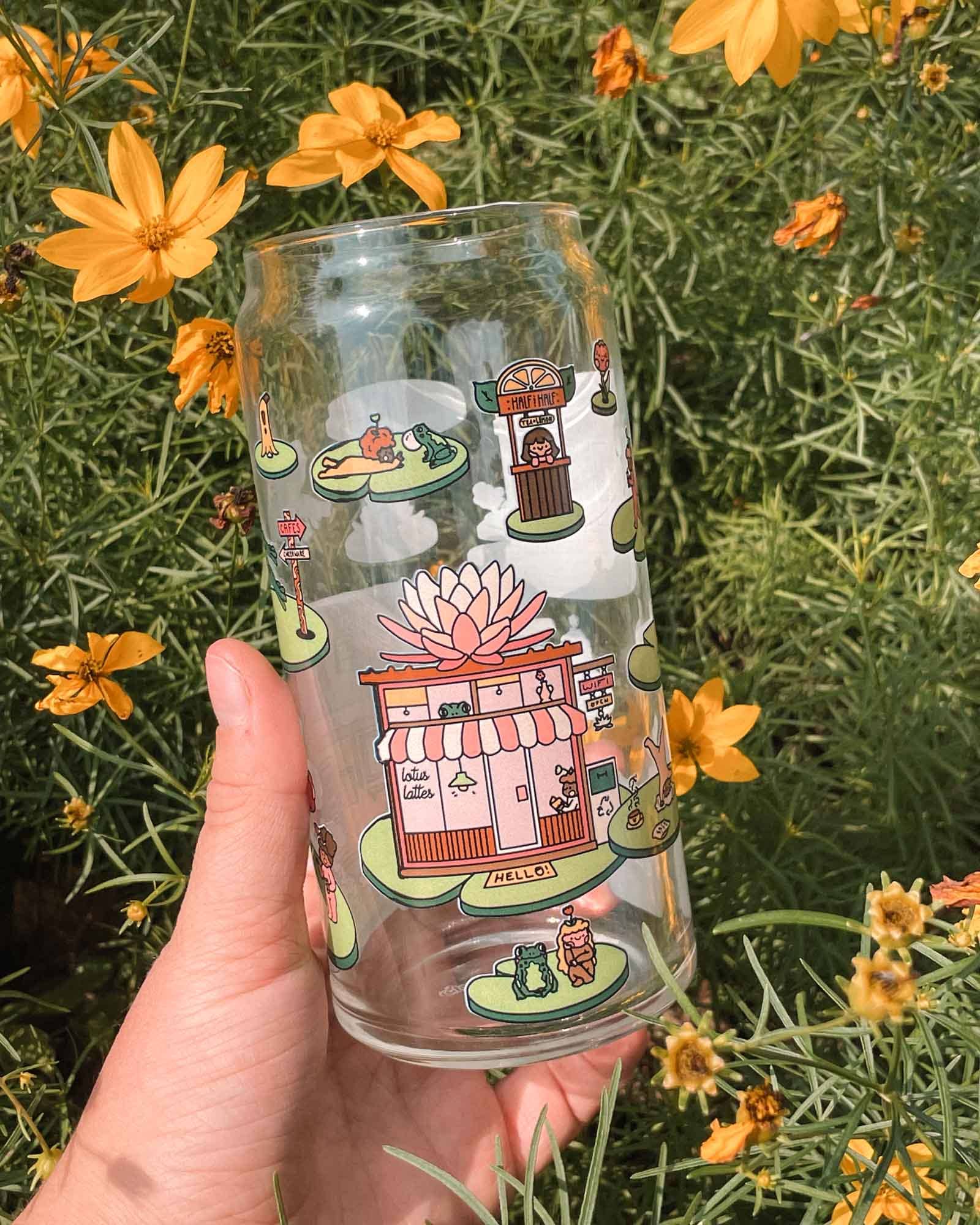 Cheerware - Wholesale Drinking Glass/Cup - Cafe Hopper 20oz Can Glass | frogs, coffee & lily pads1