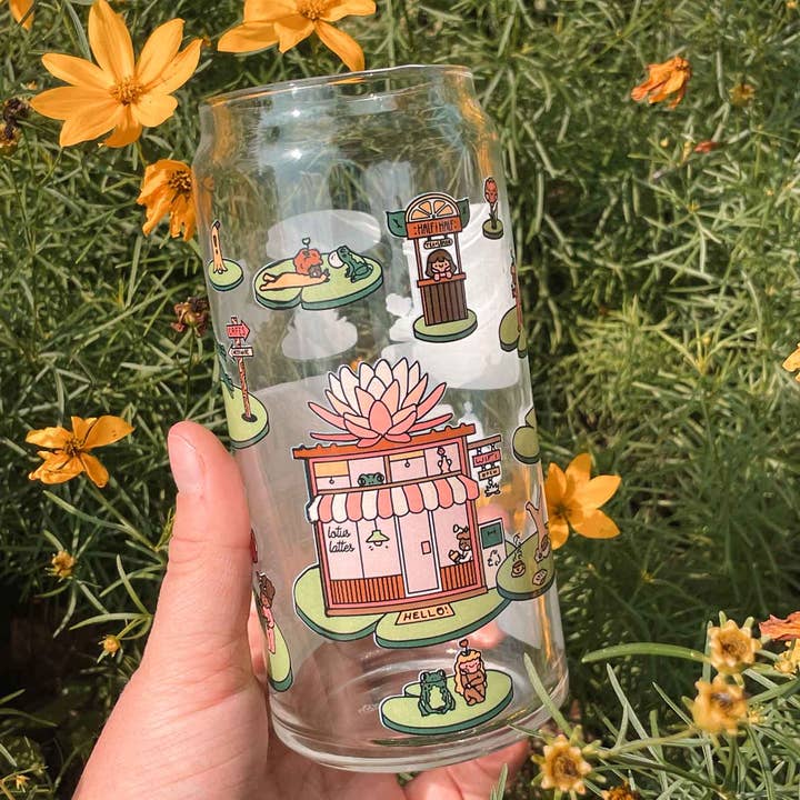 Cheerware - Wholesale Drinking Glass/Cup - Cafe Hopper 20oz Can Glass | frogs, coffee & lily pads1