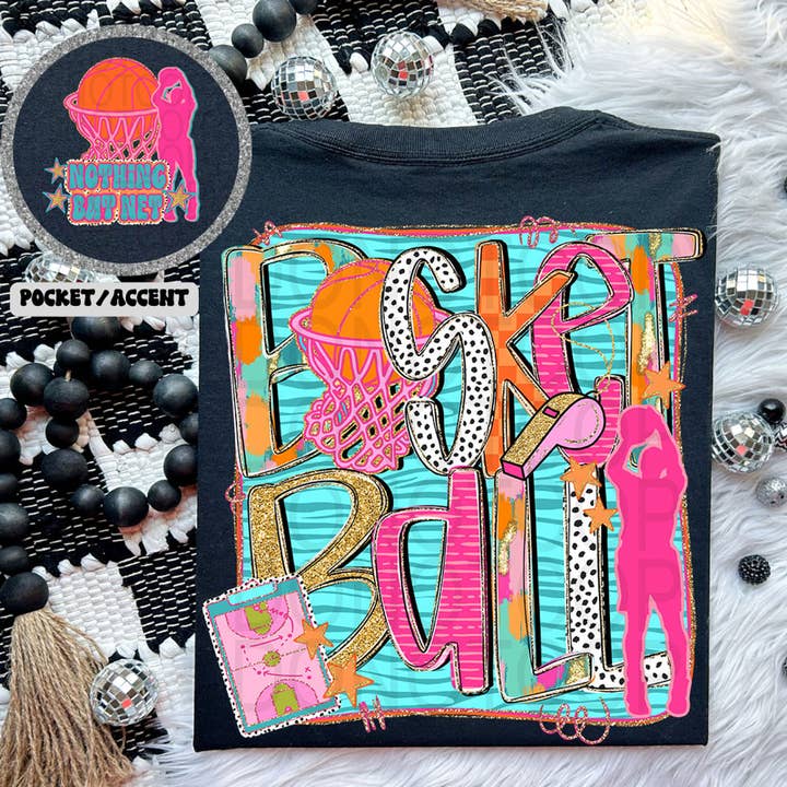 Trendy Tee Co. - Wholesale T-shirt (graphic) – women's - Basketball Nothing But Net Retro Faux Glitter Front/Back Tee0