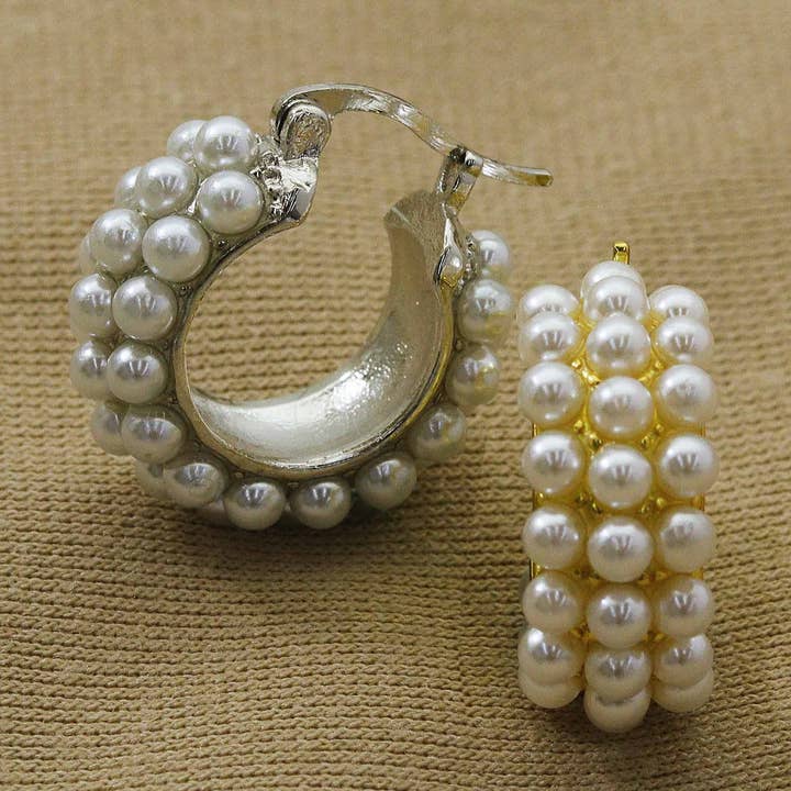 BestBeads&Beyond - Wholesale Huggie Earrings - Pearl Triple Line Huggie Earrings, Sku#B1530