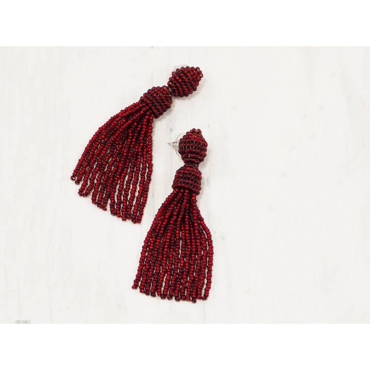 Ninolia – wholesale Tassel earrings – Red Sparkly Earrings Red Holiday Earrings Red Glitter Earrings Red Bead Tassel Fringe Drop Earrings Statement Tassel Burgundy Earrings Stud