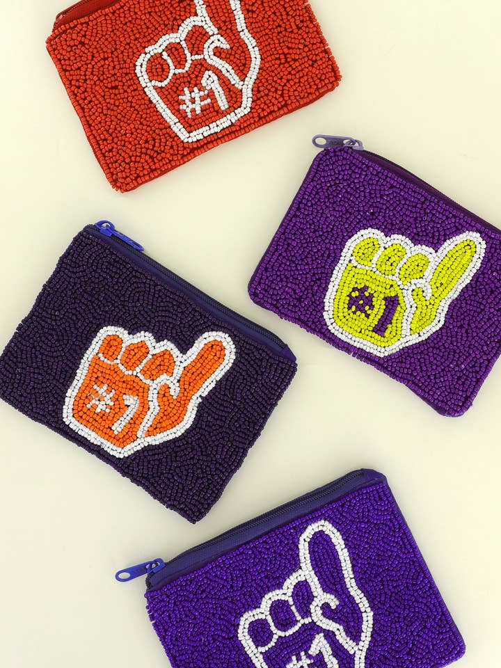 Number 1 Hand Sport Team Game Day Seed Bead Beaded Coin Bag for wholesale by SP Sophia Collection