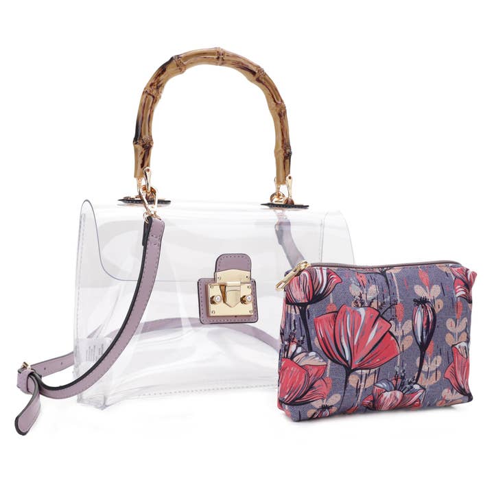 CR20412 Bambusgriff mit Blumenbeutel Klare Tasche Set für den Großhandel von Isabelle Handbags