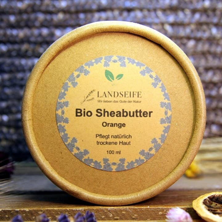 Økologisk orange sheasmør – naturlig hudpleje med appelsinduft for engroshandel hos Landseife
