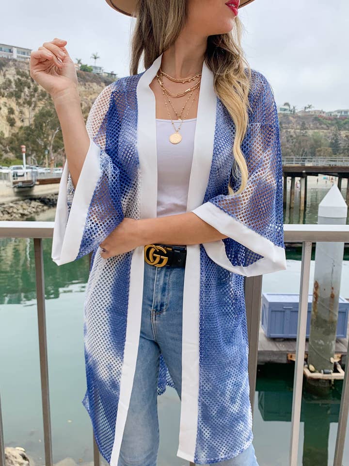 Blue Tie Dye Printed Mesh Kimono Cardigan Cover Up for wholesale by AMOLI
