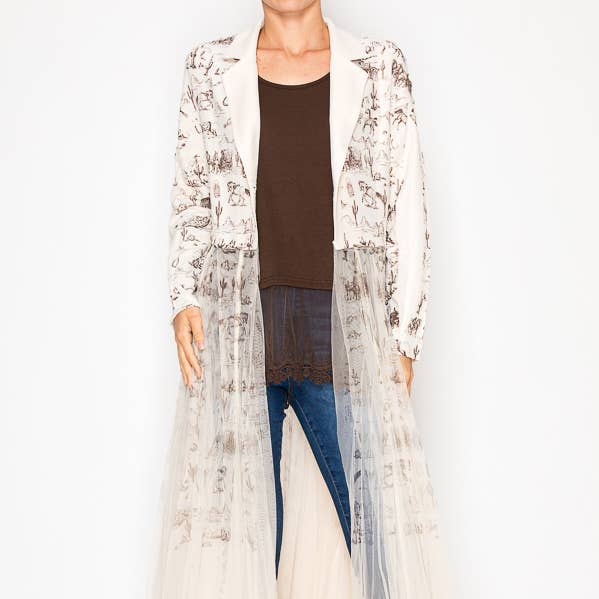 Chic kontrast lång kavajjacka med mesh tyllpanel 4773BG-TP OLDWES för wholesale av Origami Apparel ~ Lace and Crochet inspired