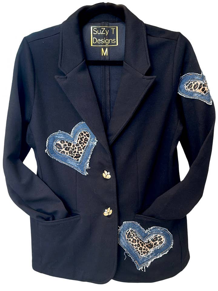 Ponte Blazer with DENIM & LEOPARD Hearts---So on TREND! for wholesale by Suzy T Designs