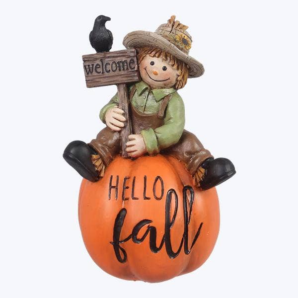 Resin Harvest Scarecrow On Pumpkin Figurine for wholesale by Young's