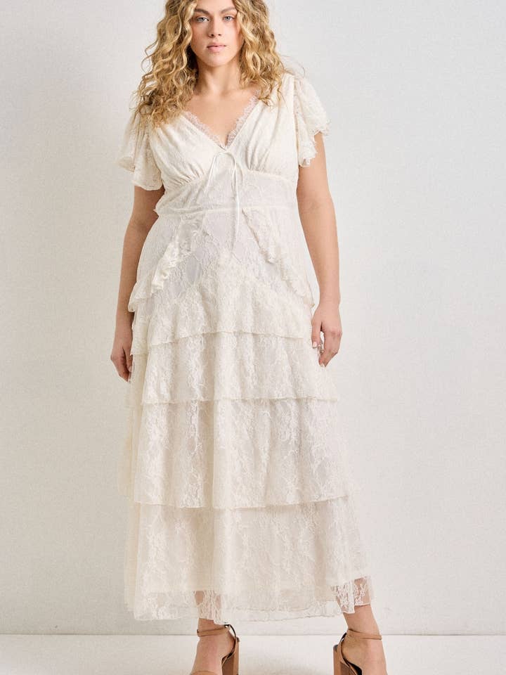 Plus Size Lace Tiered Flutter Sleeve Maxi Dress for wholesale by Baevely by Wellmade USA