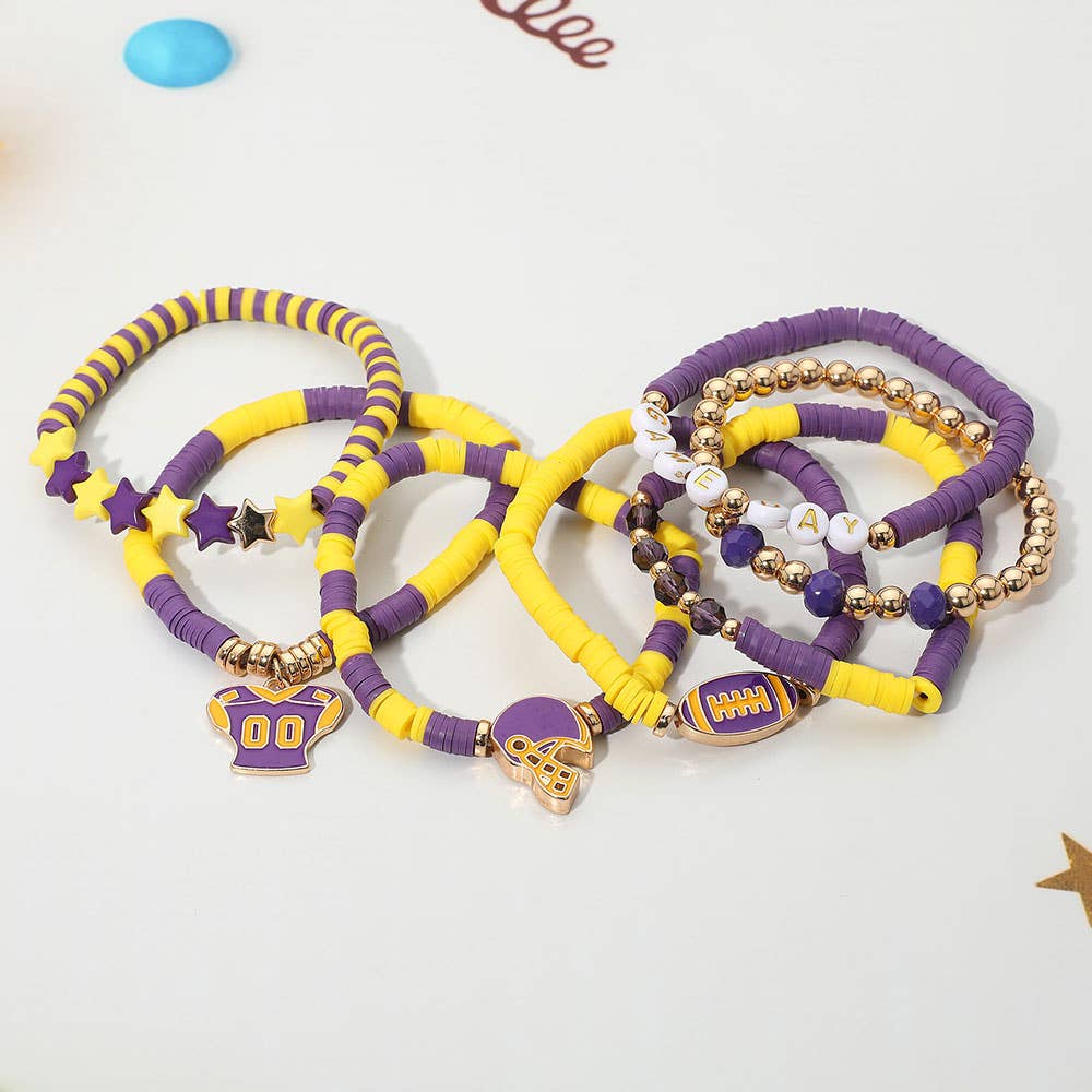 Boho Grow Studio - Wholesale Beaded Bracelet - 7PC LSU Football Purple Gold Heishi Beaded Bracelets Set1