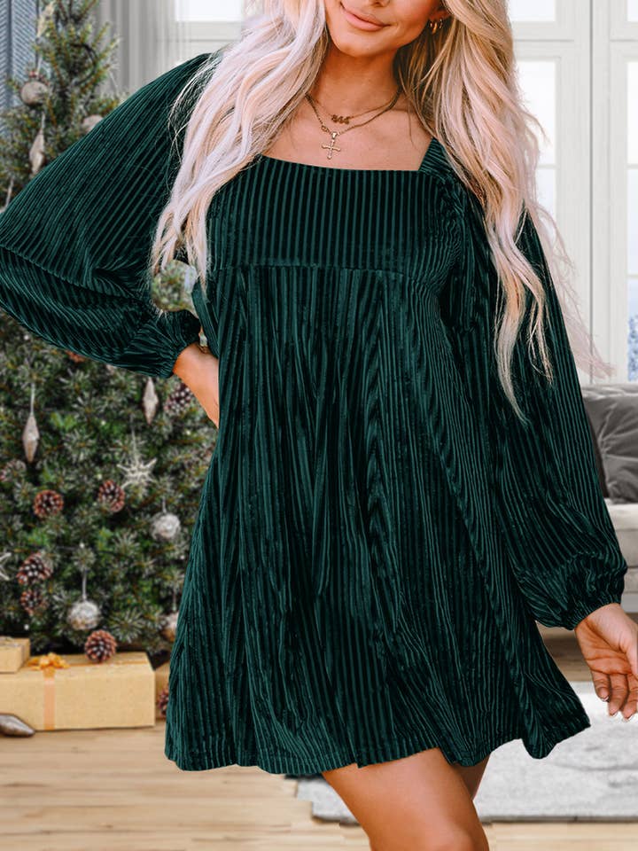 1 the Woman - Wholesale Dress - Women's - Tie Back Square Neck Velvet Babydoll Dress