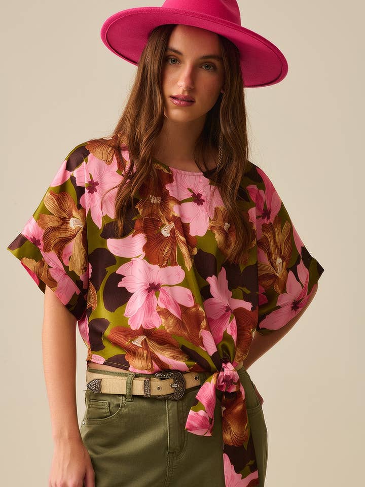 Floral Knot Top With Green Background in satin fabric for wholesale by Q2 All Orders Have To Pay Duties for The US & UK